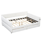 Queen Size Daybed Upholstered Platform Sofa Bed with USB and 2 Drawers, Vertical Stripes Recliner Bed Loveseat Chaise Lounge