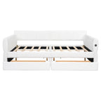 Queen Size Daybed Upholstered Platform Sofa Bed with USB and 2 Drawers, Vertical Stripes Recliner Bed Loveseat Chaise Lounge