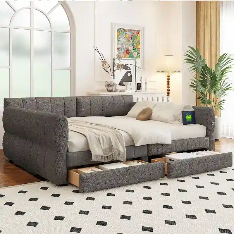 Queen Size Daybed Upholstered Platform Sofa Bed with USB and 2 Drawers, Vertical Stripes Recliner Bed Loveseat Chaise Lounge
