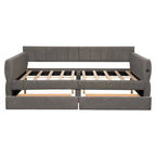 Queen Size Daybed Upholstered Platform Sofa Bed with USB and 2 Drawers, Vertical Stripes Recliner Bed Loveseat Chaise Lounge
