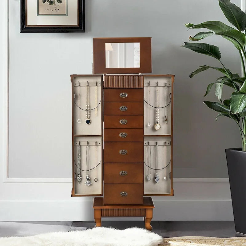 Costway Jewelry Cabinet Storage Chest Stand Organizer Necklace Wood - 14.8(L) X9(W) X38.6(H)