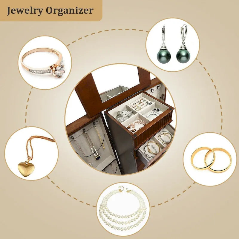 Costway Jewelry Cabinet Storage Chest Stand Organizer Necklace Wood - 14.8(L) X9(W) X38.6(H)