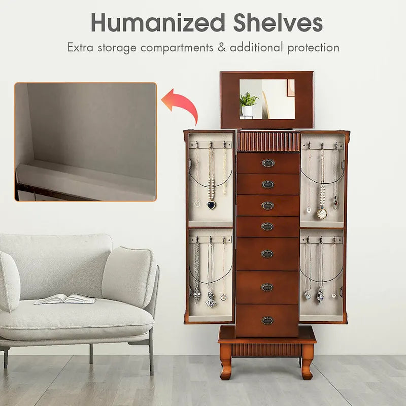 Costway Jewelry Cabinet Storage Chest Stand Organizer Necklace Wood - 14.8(L) X9(W) X38.6(H)