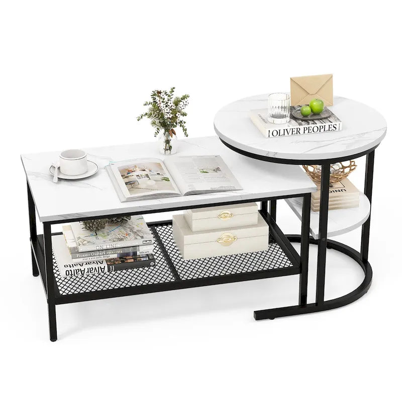 Gymax Nesting Coffee Table Set of 2 Faux Marble Top Detachable w/
