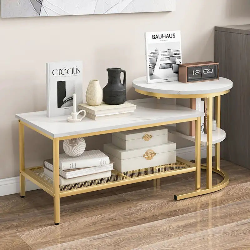 Gymax Nesting Coffee Table Set of 2 Faux Marble Top Detachable w/