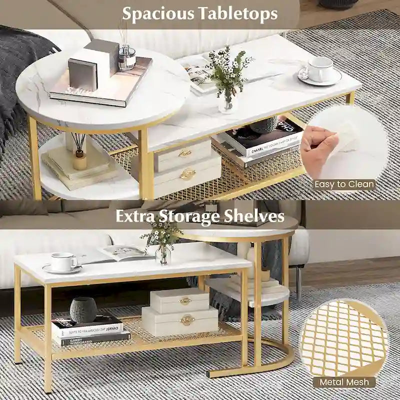 Gymax Nesting Coffee Table Set of 2 Faux Marble Top Detachable w/