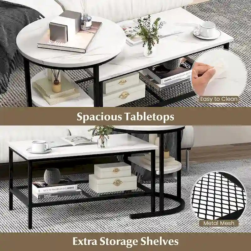 Gymax Nesting Coffee Table Set of 2 Faux Marble Top Detachable w/