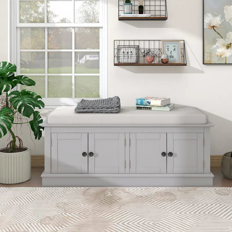 Hallway Storage Bench with 4 Doors & Adjustable Shelves, 42.7 Entryway Shoe Rack with Removable Cushion for Living Room