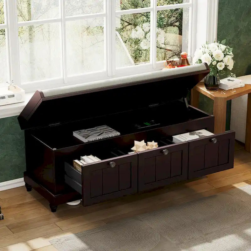 Shoe Bench with Lift Top Cushion Seat & Hidden Space, Entryway Shoe Storage Bench with 3 Drawers, Bedroom End of Bed Bench