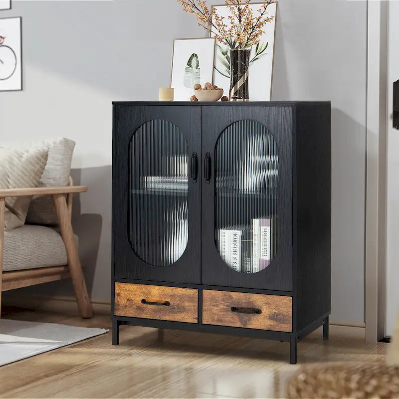Costway Kitchen Storage Cabinet Freestanding Buffet Sideboard w/ 2 - Black, Rustic Brown - See Details