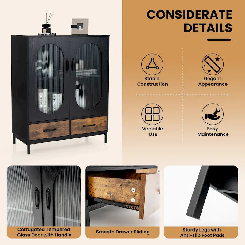 Costway Kitchen Storage Cabinet Freestanding Buffet Sideboard w/ 2 - Black, Rustic Brown - See Details