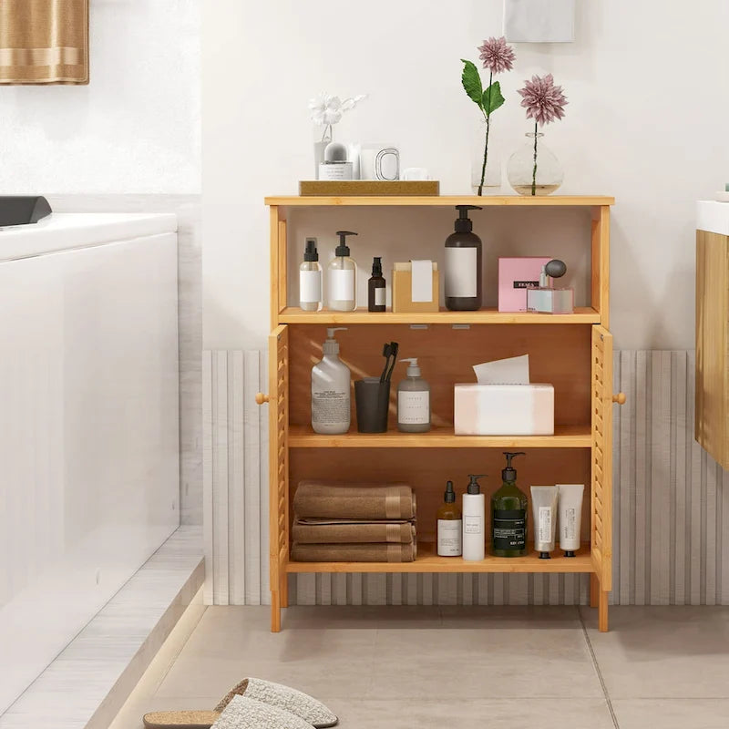 Costway Bamboo Storage Cabinet with Double Louvered Doors Open Shelf & - See Details