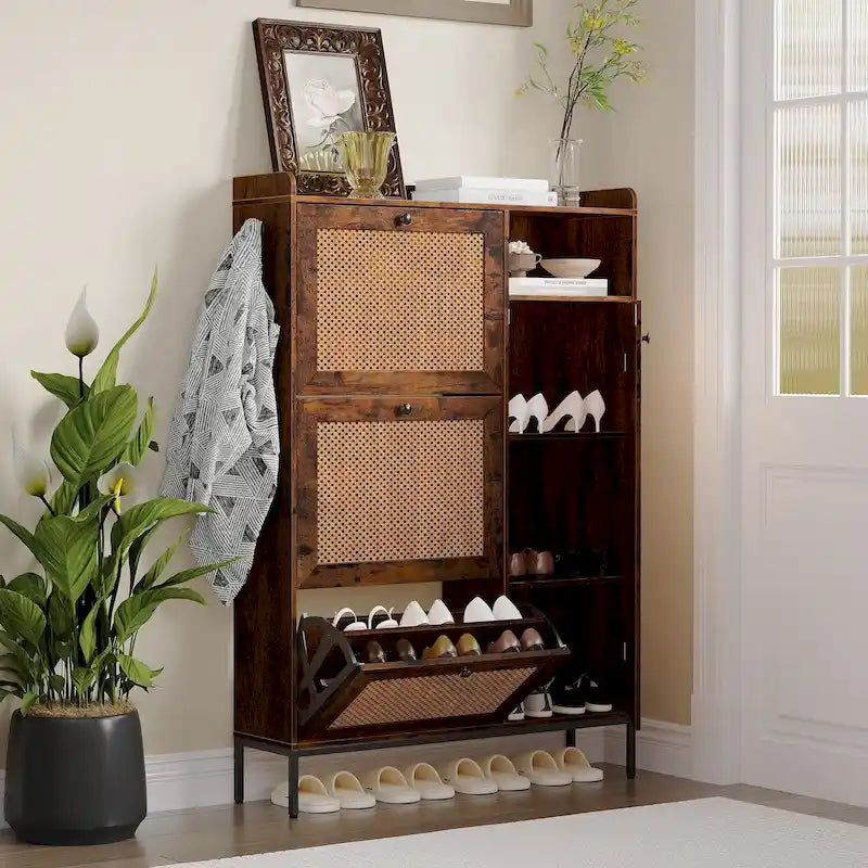 Rattan Shoe Cabinet with 3 Flip Drawers and 4-Tier
