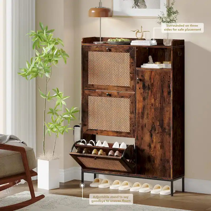 Rattan Shoe Cabinet with 3 Flip Drawers and 4-Tier