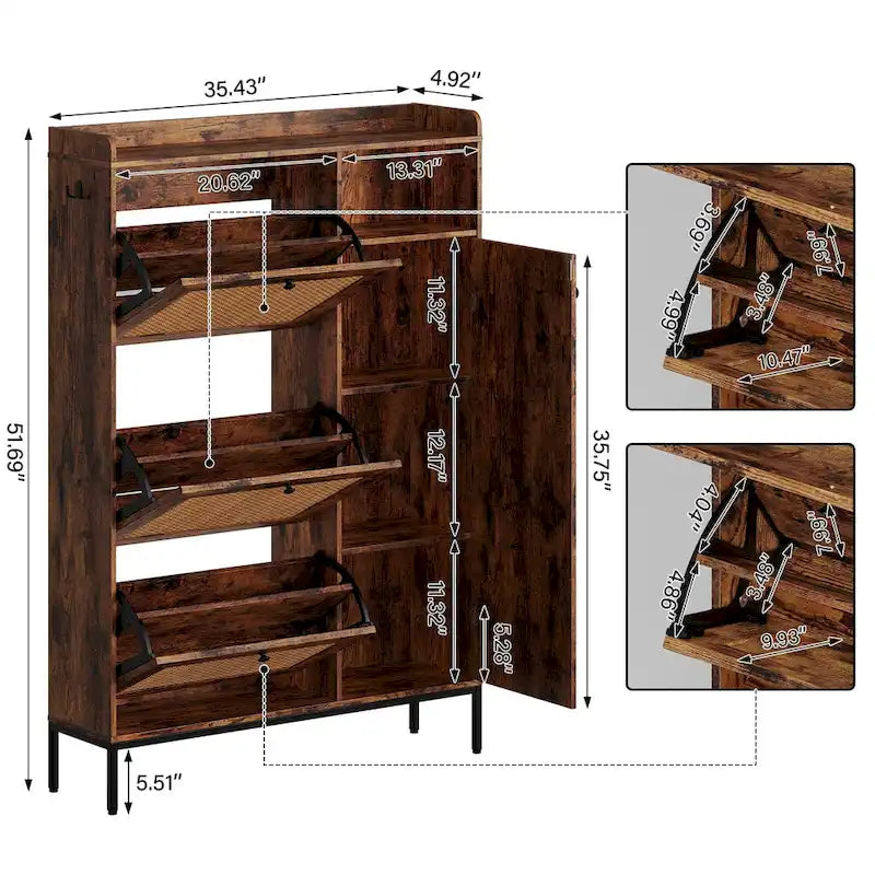 Rattan Shoe Cabinet with 3 Flip Drawers and 4-Tier