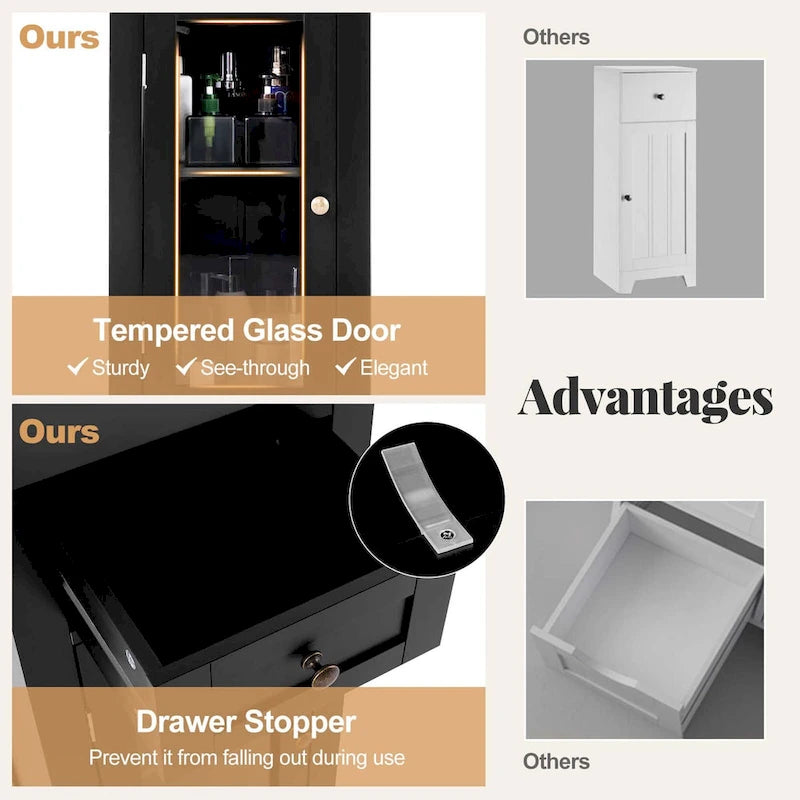 Costway Bathroom Floor Cabinet with Single Glass Door Drawer & - See Details