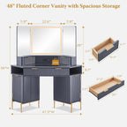 Modern Fluted Makeup Vanity Desk with 3 Way Mirror&Light, Vanity Table