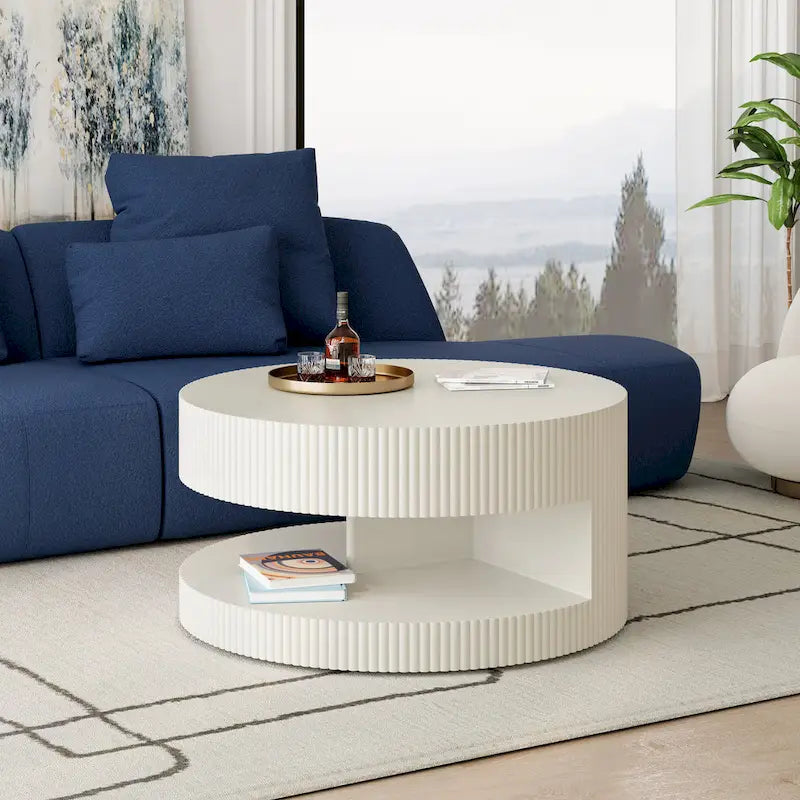 Double Layer Round Coffee Table Modern Center Table Vertical Striped Coffee Table with Storage Space, for Living Room