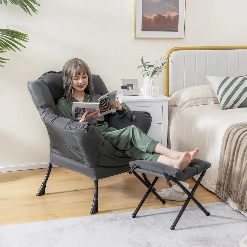Gymax Lazy Sofa Chair Accent Leisure Armchair with Folding Footrest &