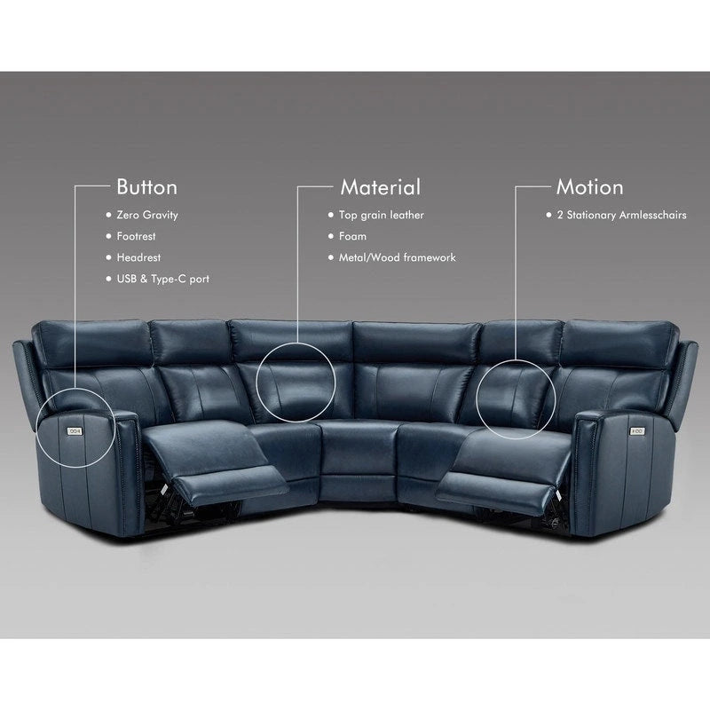 104  W 3-Color Genuine Leather Power Reclining sectional sofa With Zero Gravity, USB&USB-C Ports, 2StationaryArmlesschairs