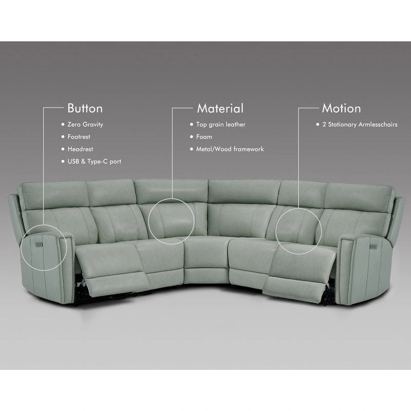 104  W 3-Color Genuine Leather Power Reclining sectional sofa With Zero Gravity, USB&USB-C Ports, 2StationaryArmlesschairs