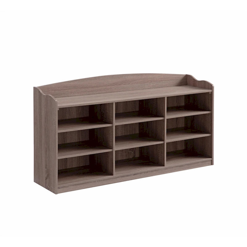 Hale Shoe Bench, 48 Inch Top, 9 Open Compartments, Taupe Brown Finish