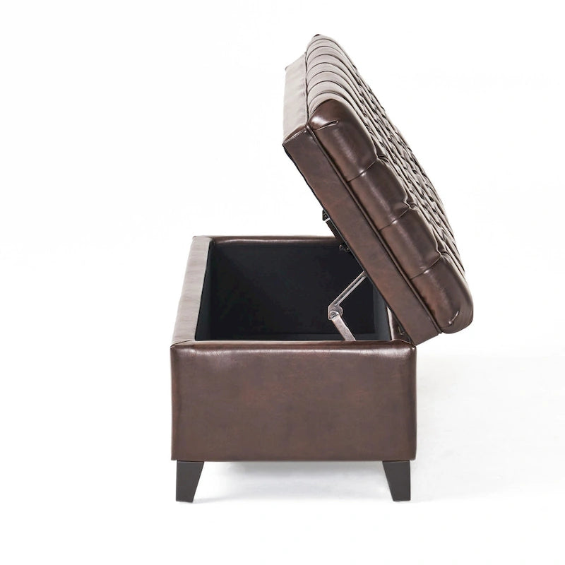 Rhya Storage Ottoman Bench, Brown Faux Leather, Black Wood, 50 Inch