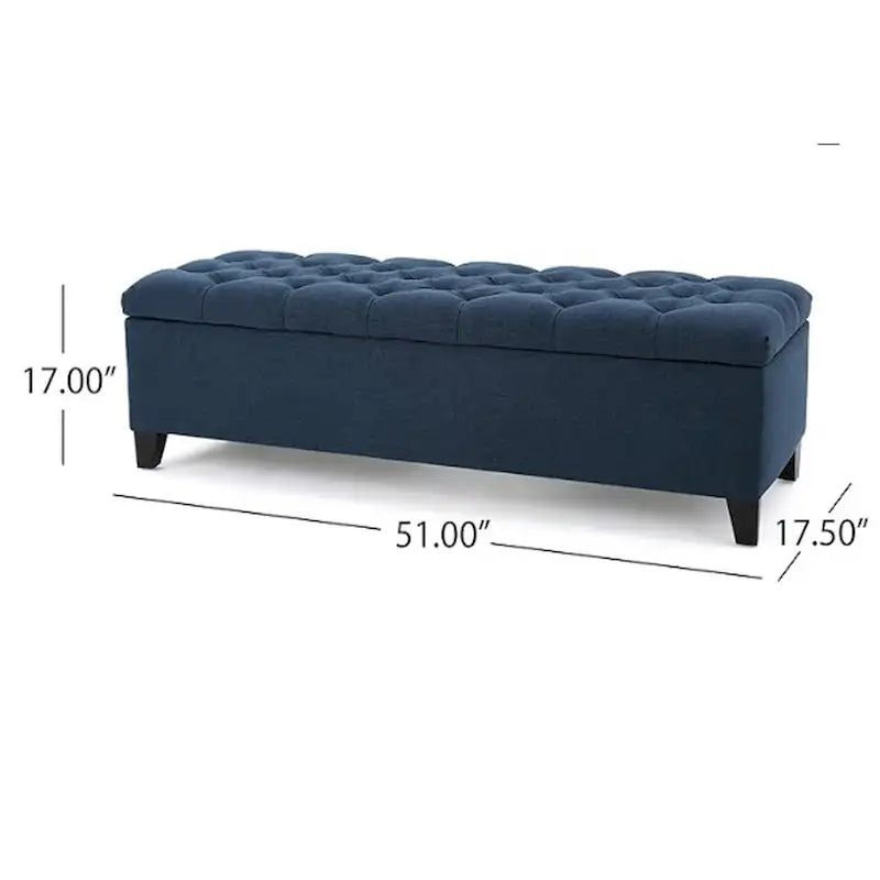 Elias Storage Bench, 51 Inch Button Tufted Blue Velvet, Solid Wood