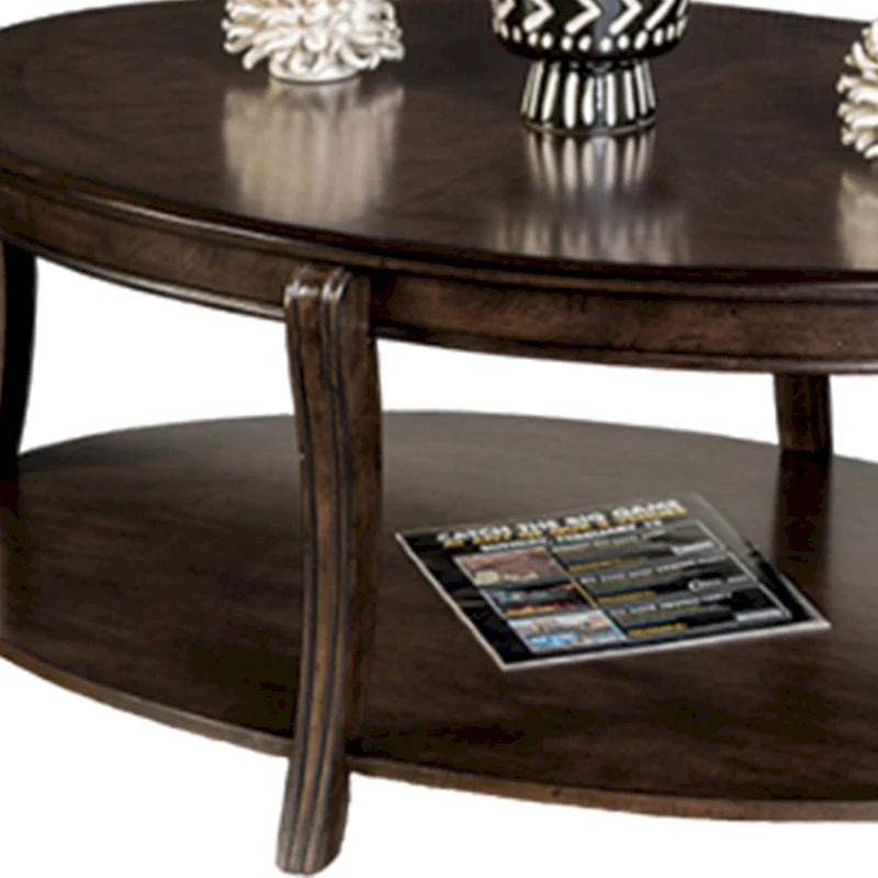 Orio Coffee Table with Open Shelves, 49 Inch Oval Top, Brown Wood