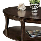 Orio Coffee Table with Open Shelves, 49 Inch Oval Top, Brown Wood