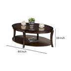 Orio Coffee Table with Open Shelves, 49 Inch Oval Top, Brown Wood