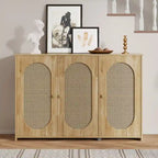 Buffet Cabinet with Artificial Rattan Doors, 3-Door Sideboard Cabinet with Shelves, Coffee Bar Cabinet with Metal Handles
