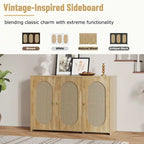 Buffet Cabinet with Artificial Rattan Doors, 3-Door Sideboard Cabinet with Shelves, Coffee Bar Cabinet with Metal Handles