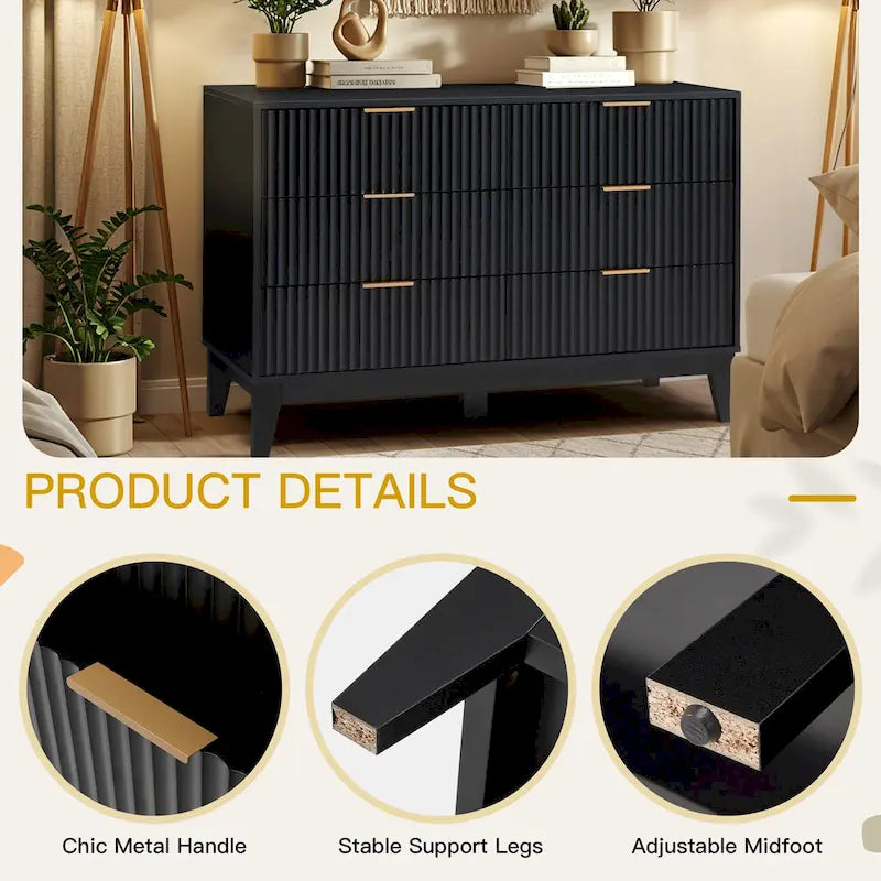 EROMMY Fluted Dresser 6 Drawer Mid Century Modern Dresser Wide Chest of Drawers with Metal Handles for Bedroom Living Room
