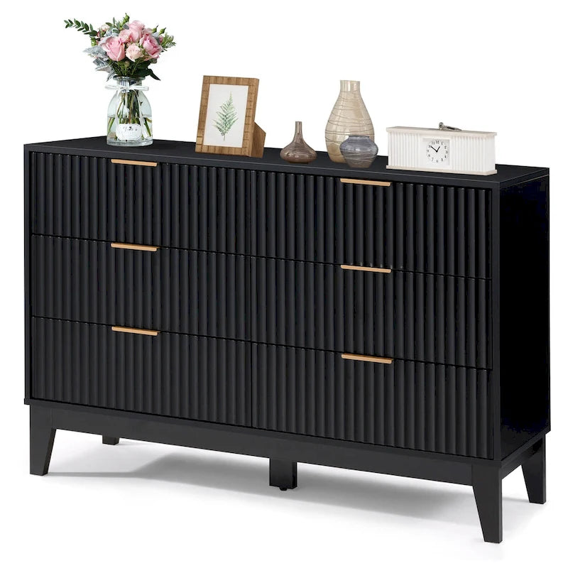 EROMMY Fluted Dresser 6 Drawer Mid Century Modern Dresser Wide Chest of Drawers with Metal Handles for Bedroom Living Room