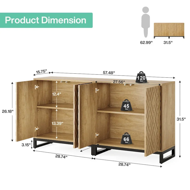 57.5  Inches Farmhouse Sideboard Buffet Cabinet with Doors for Kitchen