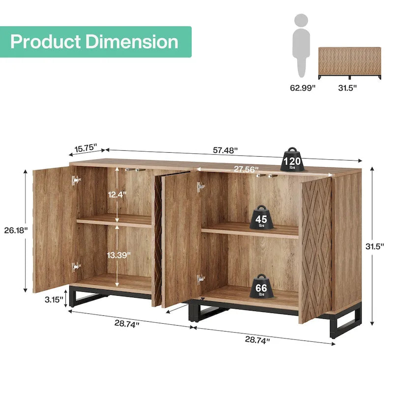 57.5  Inches Farmhouse Sideboard Buffet Cabinet with Doors for Kitchen