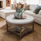 Large Round WaterProof Ottoman Coffee Table 2 Tier Oversized Button Tufted Ottoman with Wooden Upholstered Coffee Table