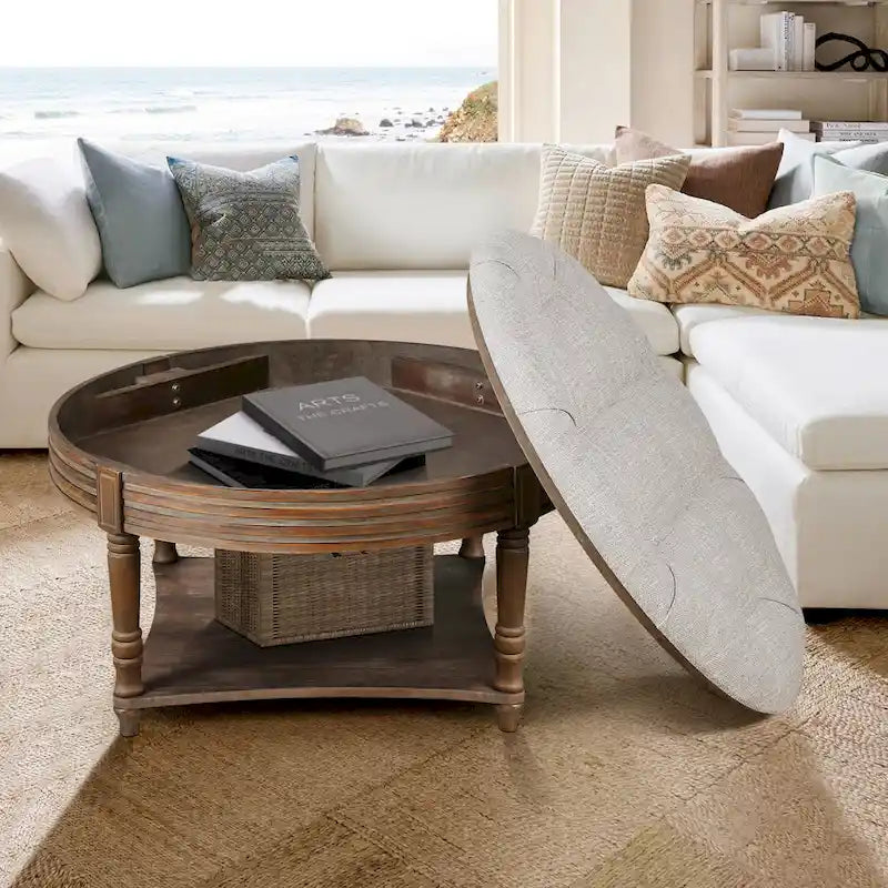 Large Round WaterProof Ottoman Coffee Table 2 Tier Oversized Button Tufted Ottoman with Wooden Upholstered Coffee Table