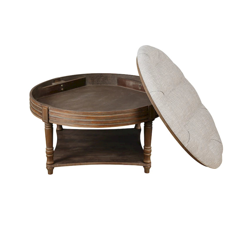 Large Round WaterProof Ottoman Coffee Table 2 Tier Oversized Button Tufted Ottoman with Wooden Upholstered Coffee Table
