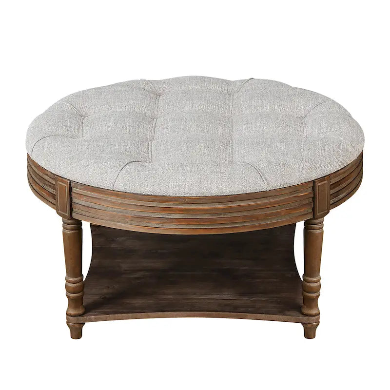 Large Round WaterProof Ottoman Coffee Table 2 Tier Oversized Button Tufted Ottoman with Wooden Upholstered Coffee Table