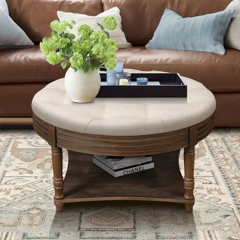 Large Round WaterProof Ottoman Coffee Table 2 Tier Oversized Button Tufted Ottoman with Wooden Upholstered Coffee Table