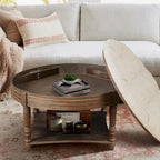 Large Round WaterProof Ottoman Coffee Table 2 Tier Oversized Button Tufted Ottoman with Wooden Upholstered Coffee Table