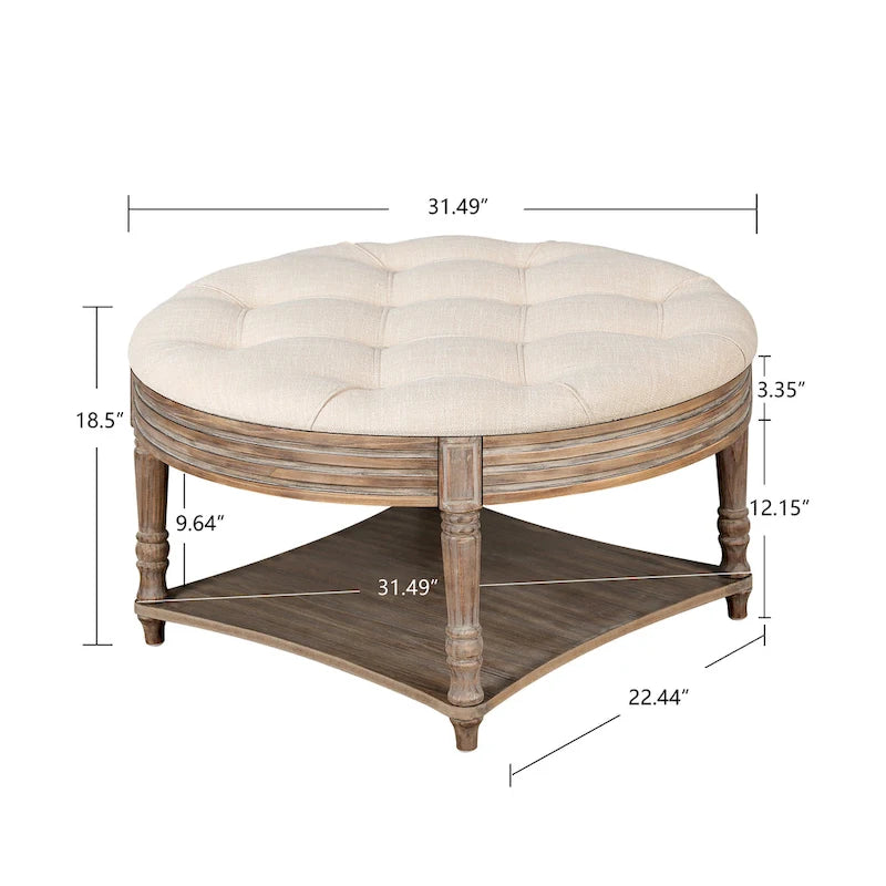 Large Round WaterProof Ottoman Coffee Table 2 Tier Oversized Button Tufted Ottoman with Wooden Upholstered Coffee Table
