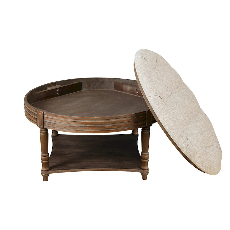Large Round WaterProof Ottoman Coffee Table 2 Tier Oversized Button Tufted Ottoman with Wooden Upholstered Coffee Table