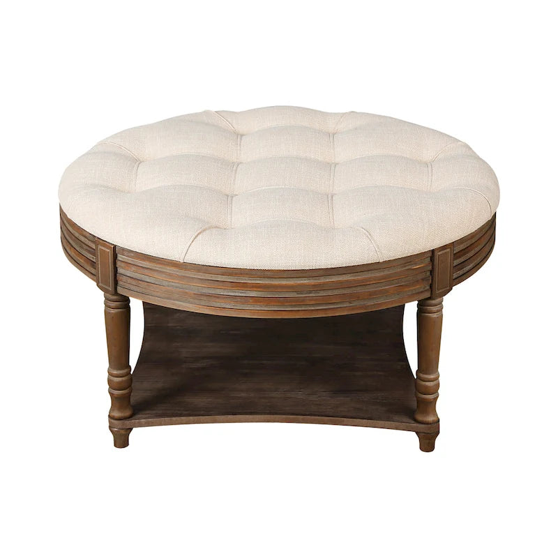 Large Round WaterProof Ottoman Coffee Table 2 Tier Oversized Button Tufted Ottoman with Wooden Upholstered Coffee Table