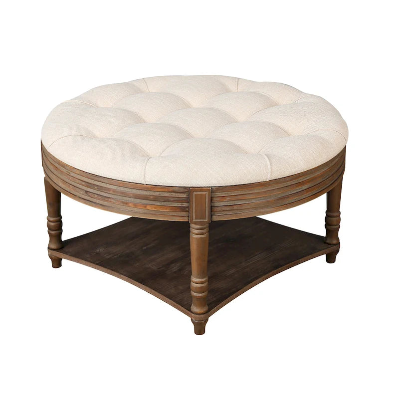Large Round WaterProof Ottoman Coffee Table 2 Tier Oversized Button Tufted Ottoman with Wooden Upholstered Coffee Table