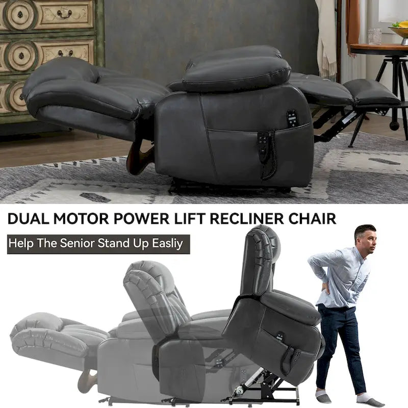 Faux Leather Dual Motor Power Lift Recliner Chair for Elderly, Lazy Boy Single Massage Sofa w/8-Point Vibration & Lumbar Heating