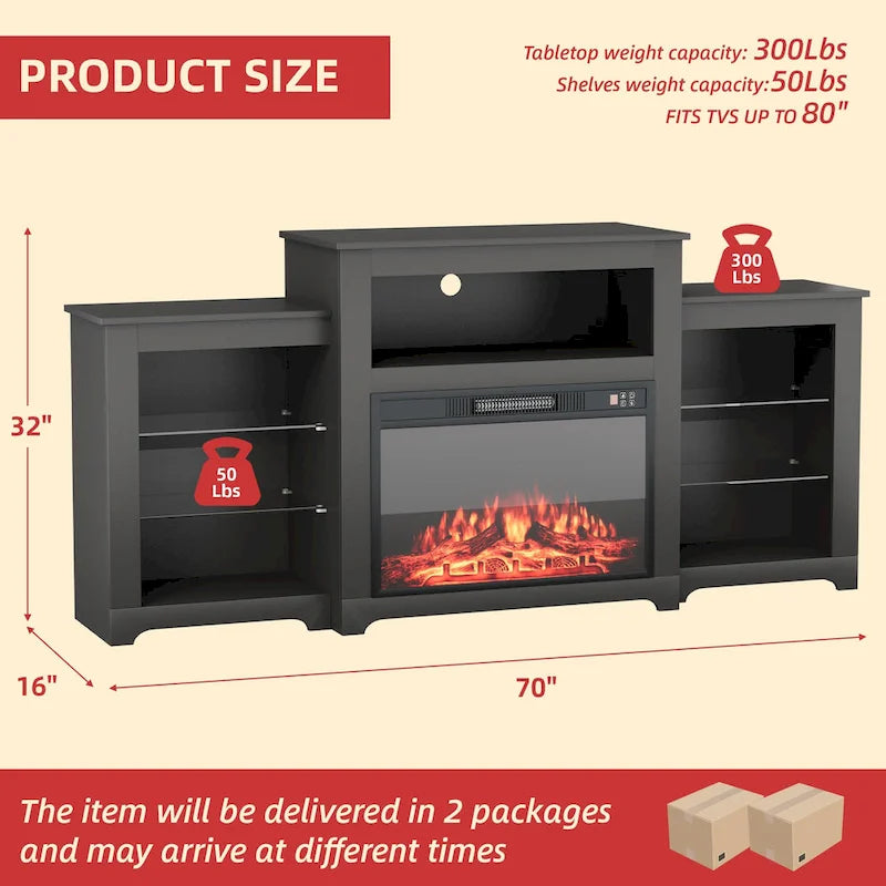 32  H TV Stand with Fireplace for TVs up to 80  - Remote Control, Energy-Efficient Heater, 16-Color Light Strip