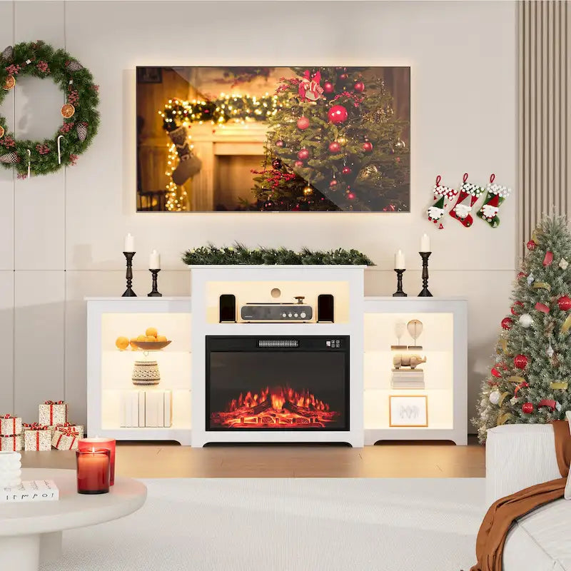 32  H TV Stand with Fireplace for TVs up to 80  - Remote Control, Energy-Efficient Heater, 16-Color Light Strip